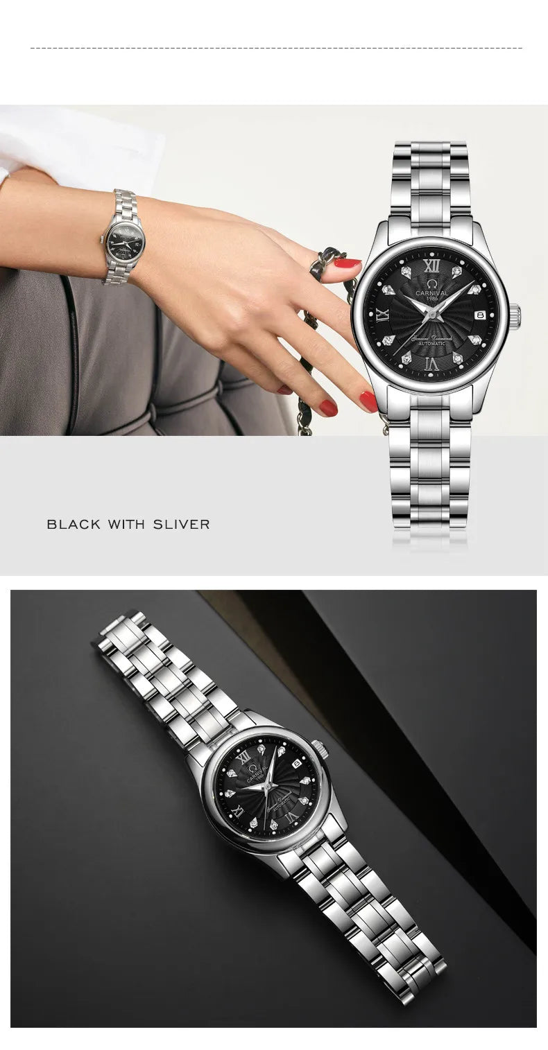 CARNIVAL Brand Luxury Mechanical Watch for Women Ladies Fashion Sapphire Automatic Movement Wristwatches Waterproof Watch for Women