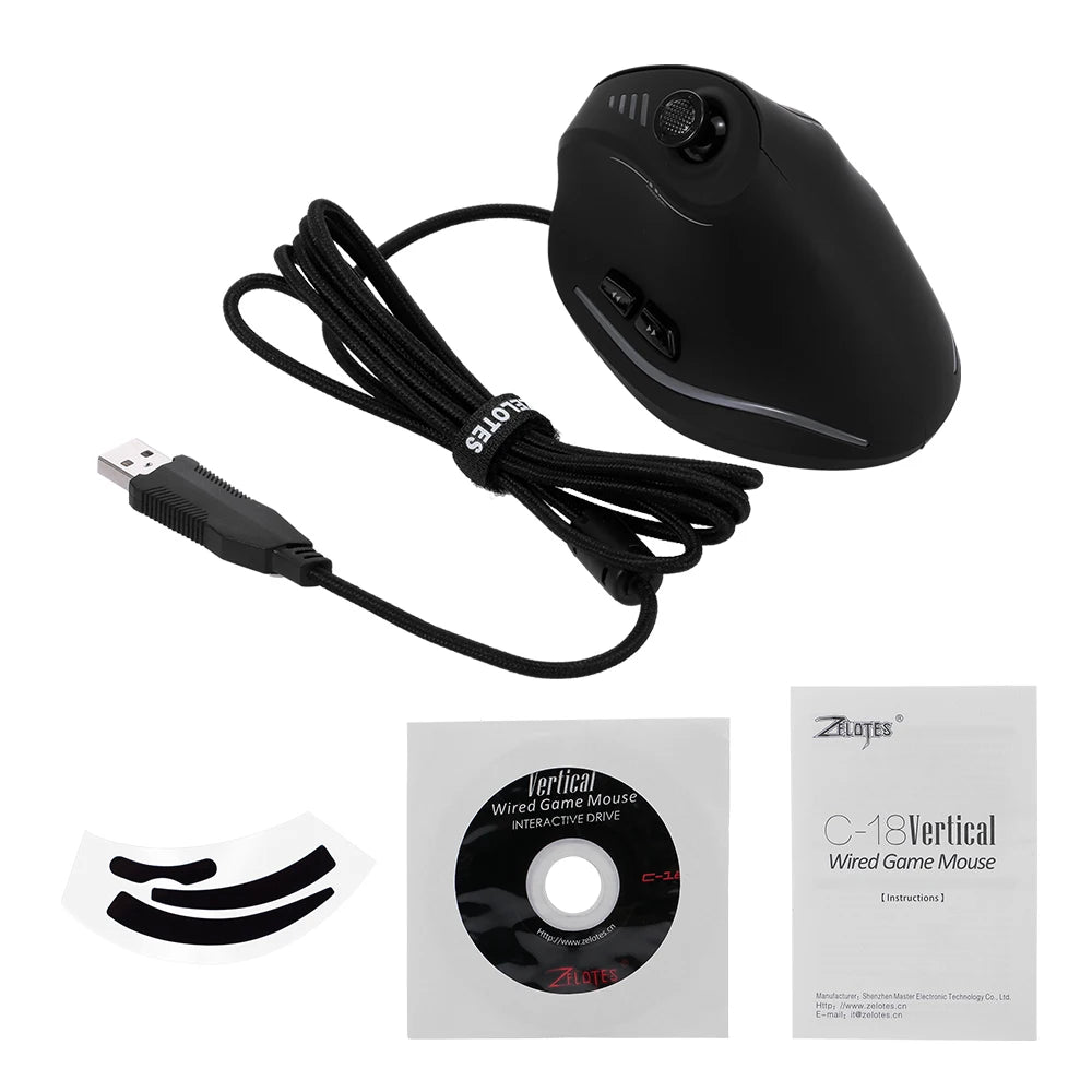 Ratón gaming con cable Zelotes C-18, 11 botones programables, motor láser de 10000DPI, banda de luz RGB, 128KB, ratón vertical para portátil y PC