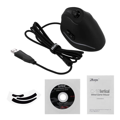 Ratón gaming con cable Zelotes C-18, 11 botones programables, motor láser de 10000DPI, banda de luz RGB, 128KB, ratón vertical para portátil y PC