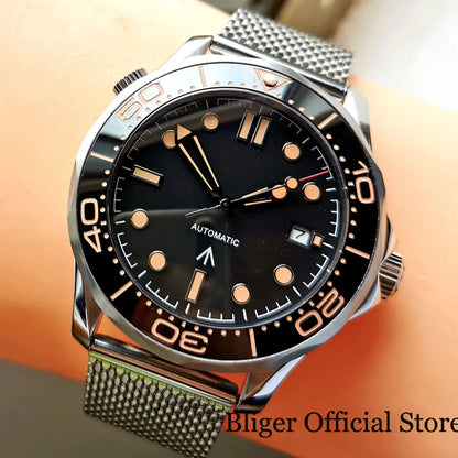 BLIGER 41mm Mechanical Men Watch Sapphire Glass Date 24 Jewel NH35PT5000 MIYOTA 8215 Stainless Steel Mesh Band Rotating Bezel