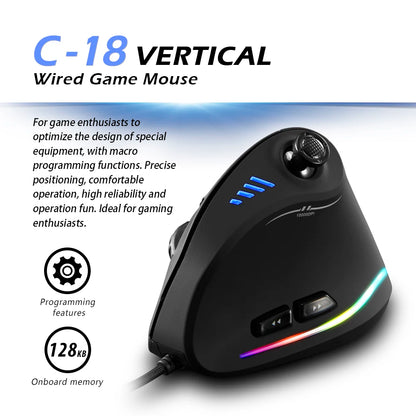Ratón gaming con cable Zelotes C-18, 11 botones programables, motor láser de 10000DPI, banda de luz RGB, 128KB, ratón vertical para portátil y PC