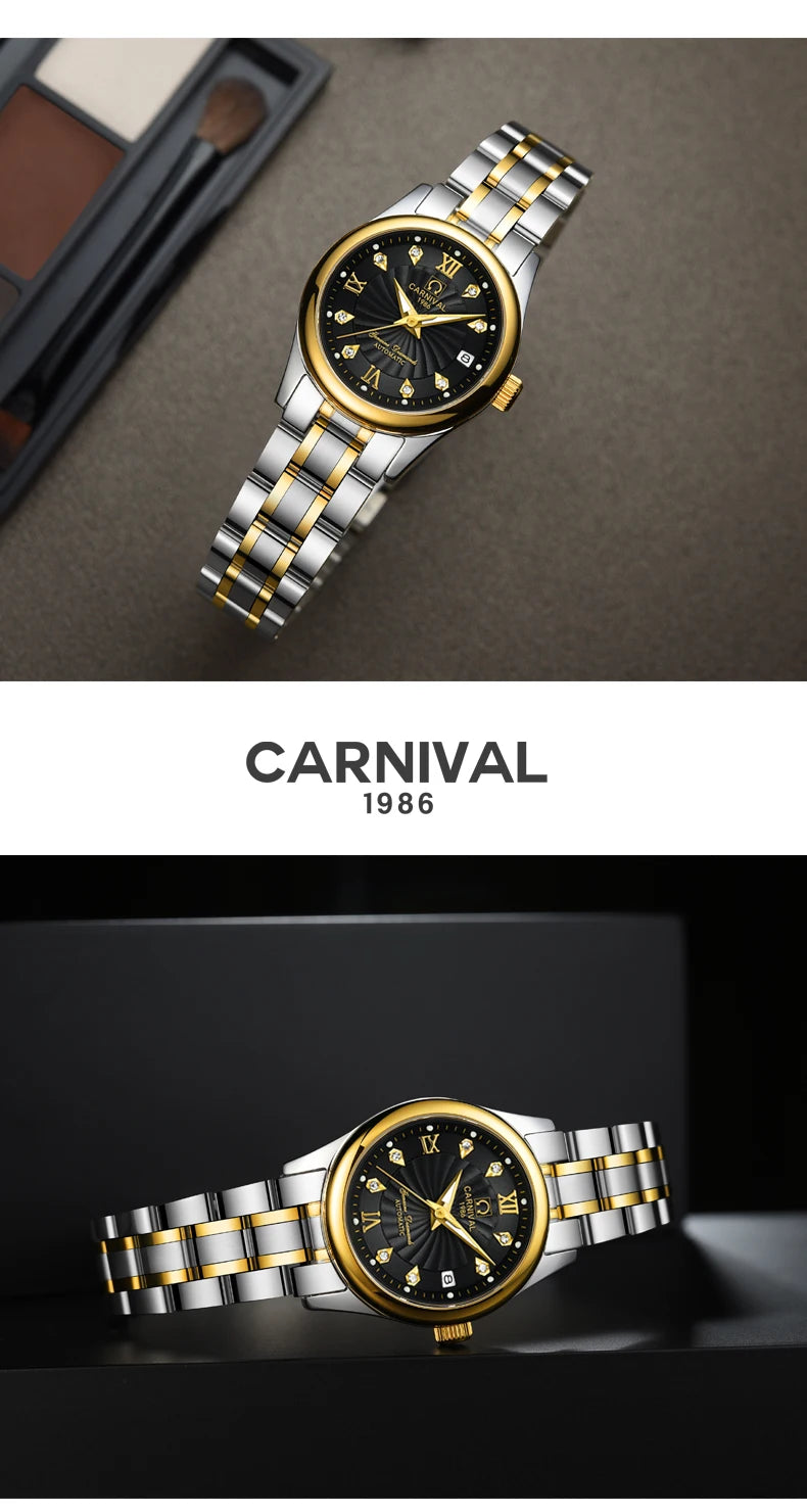 CARNIVAL Brand Luxury Mechanical Watch for Women Ladies Fashion Sapphire Automatic Movement Wristwatches Waterproof Watch for Women