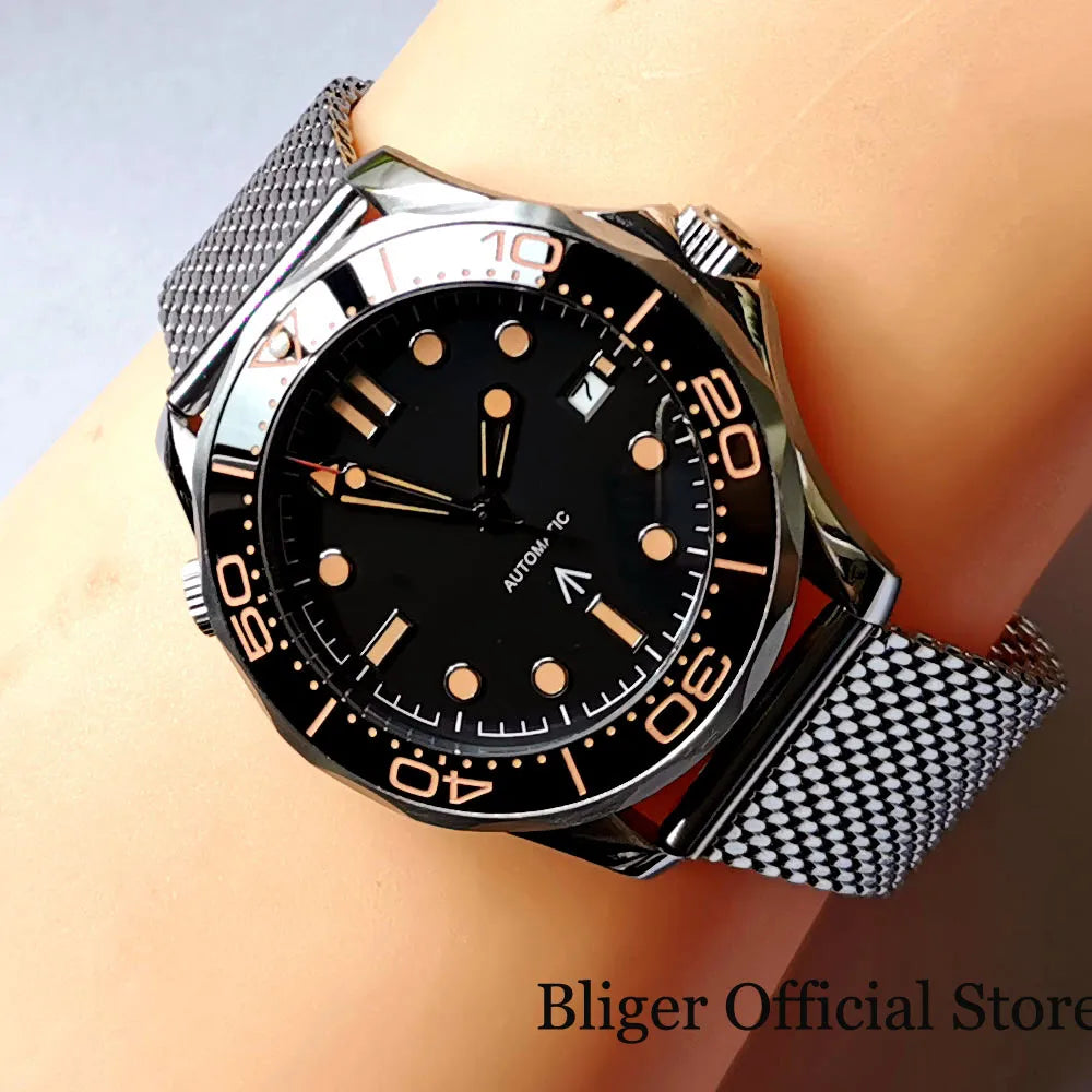 BLIGER 41mm Mechanical Men Watch Sapphire Glass Date 24 Jewel NH35PT5000 MIYOTA 8215 Stainless Steel Mesh Band Rotating Bezel