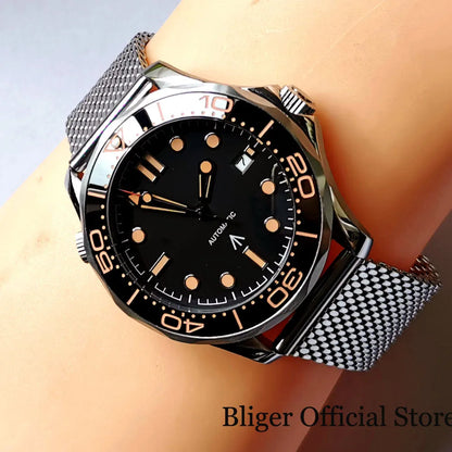 BLIGER 41mm Mechanical Men Watch Sapphire Glass Date 24 Jewel NH35PT5000 MIYOTA 8215 Stainless Steel Mesh Band Rotating Bezel