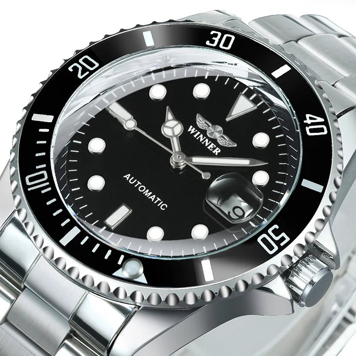 Relógio mecânico clássico para homem – Marca de luxo, estilo profissional, movimento automático, luneta rotativa, mostrador luminescente, bracelete em aço