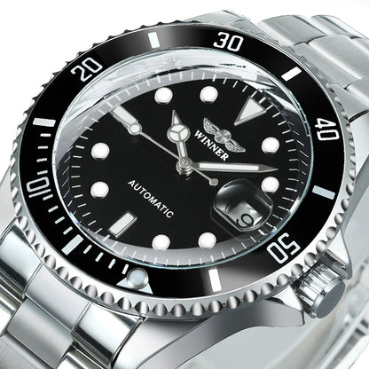 Relógio mecânico clássico para homem – Marca de luxo, estilo profissional, movimento automático, luneta rotativa, mostrador luminescente, bracelete em aço