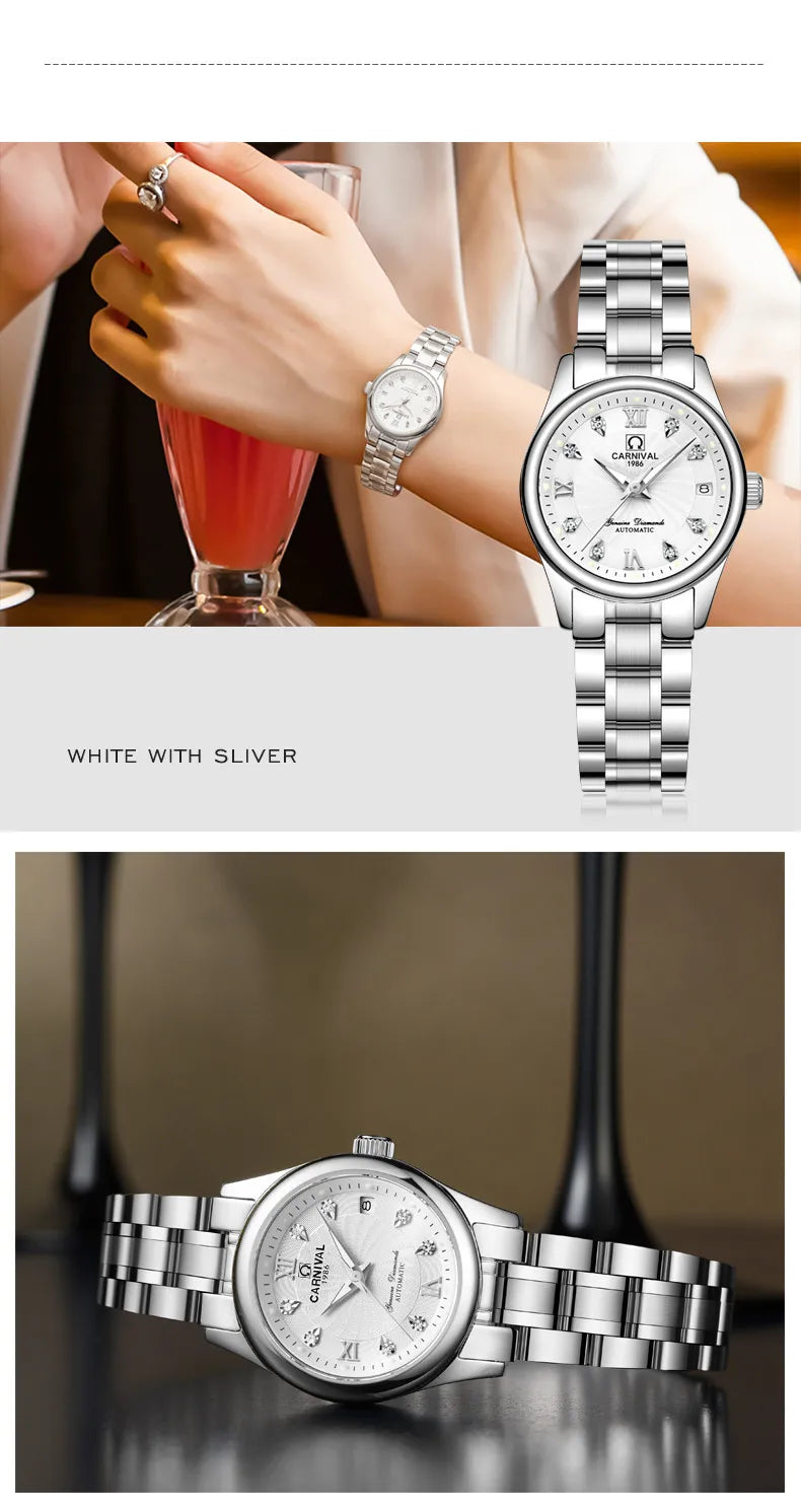 CARNIVAL Brand Luxury Mechanical Watch for Women Ladies Fashion Sapphire Automatic Movement Wristwatches Waterproof Watch for Women