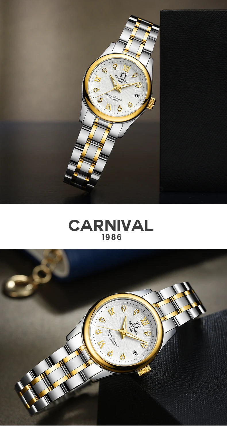 CARNIVAL Brand Luxury Mechanical Watch for Women Ladies Fashion Sapphire Automatic Movement Wristwatches Waterproof Watch for Women