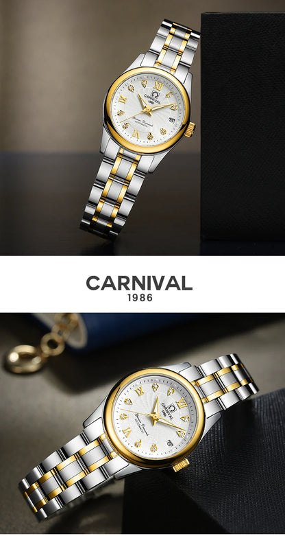 CARNIVAL Brand Luxury Mechanical Watch for Women Ladies Fashion Sapphire Automatic Movement Wristwatches Waterproof Watch for Women