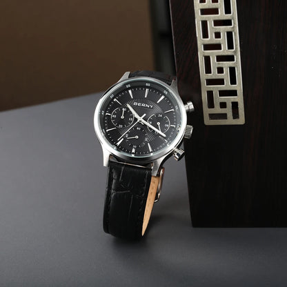 BERNY 24H Chronograph Watch for Men Luxury VD54 Watches Fashion Waterproof Genuine Leather Strap Quartz Sport Men's Wristwatch