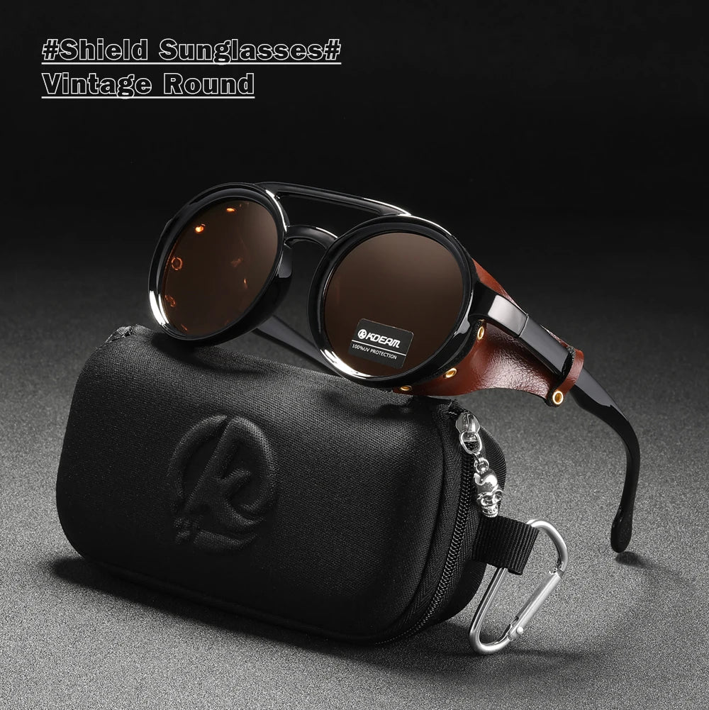 KDEAM Vintage Round Sunglasses Men Women Leather Shield Sun Glasses  Twin Bridge Designed Shade KD179