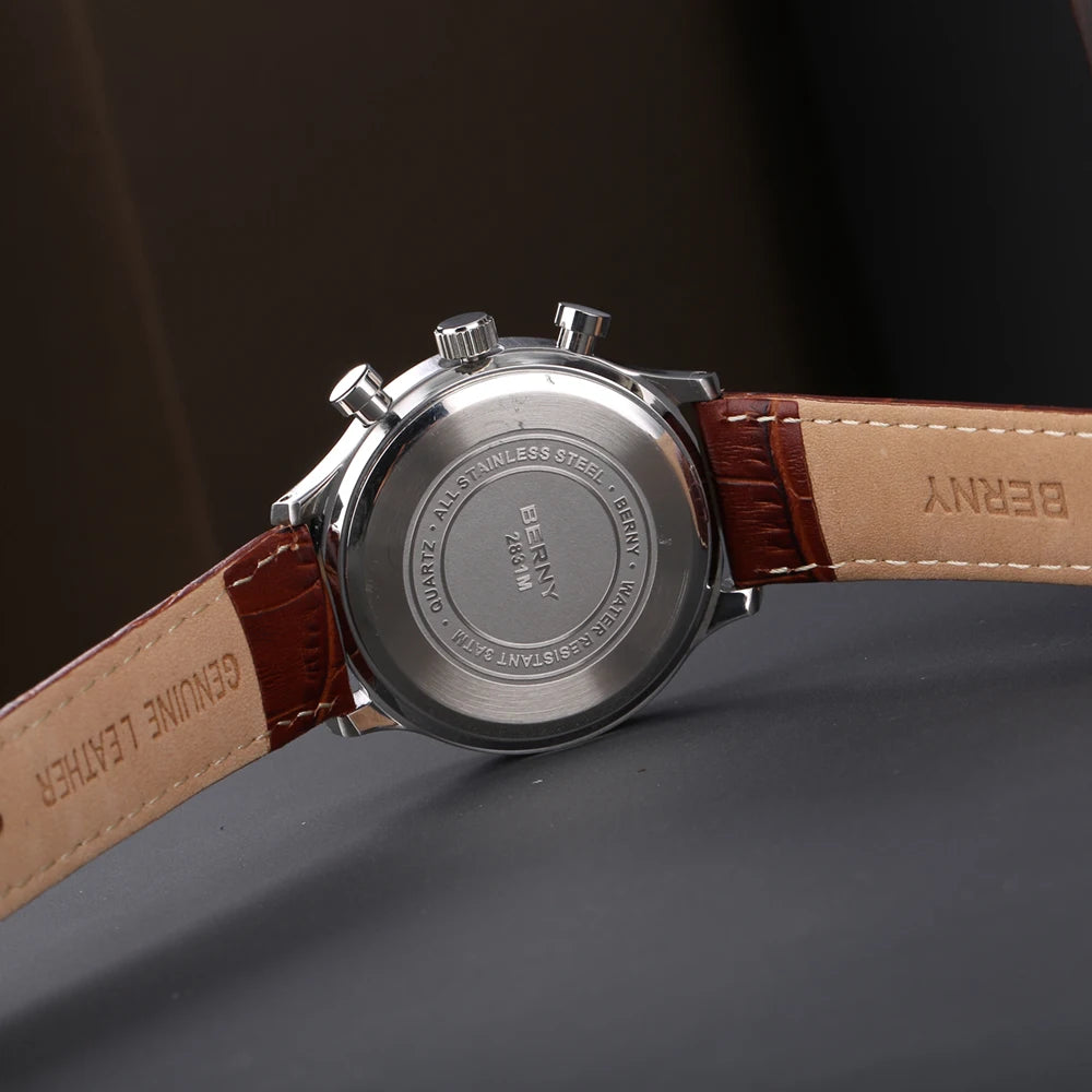 BERNY 24H Chronograph Watch for Men Luxury VD54 Watches Fashion Waterproof Genuine Leather Strap Quartz Sport Men's Wristwatch