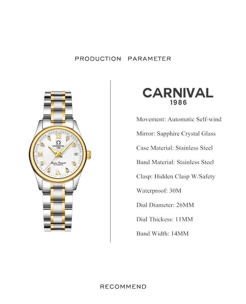 CARNIVAL Brand Luxury Mechanical Watch for Women Ladies Fashion Sapphire Automatic Movement Wristwatches Waterproof Watch for Women