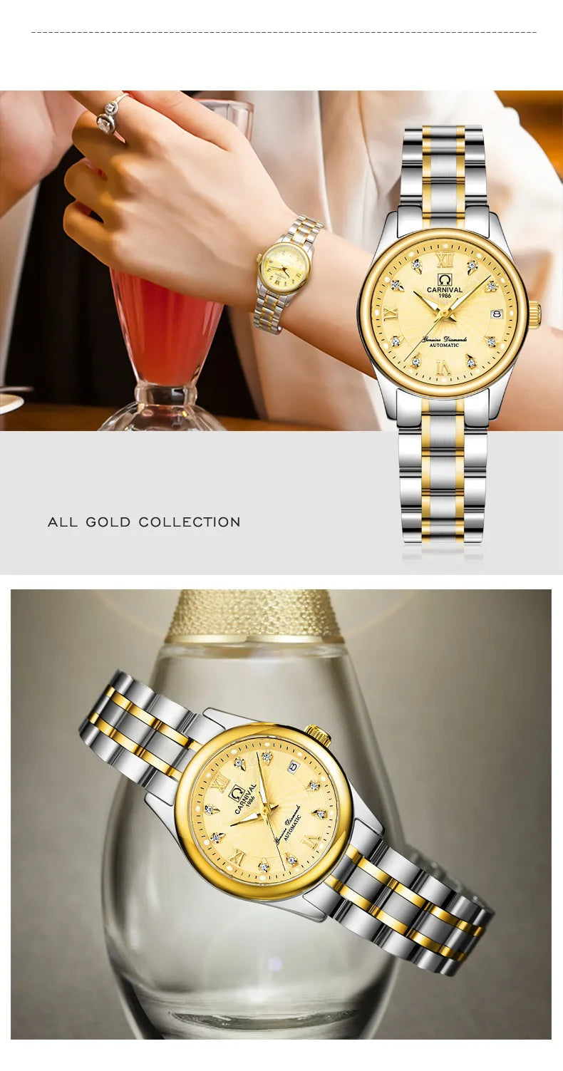 CARNIVAL Brand Luxury Mechanical Watch for Women Ladies Fashion Sapphire Automatic Movement Wristwatches Waterproof Watch for Women