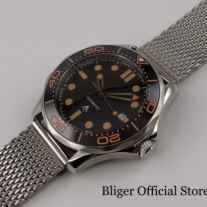 BLIGER 41mm Mechanical Men Watch Sapphire Glass Date 24 Jewel NH35PT5000 MIYOTA 8215 Stainless Steel Mesh Band Rotating Bezel