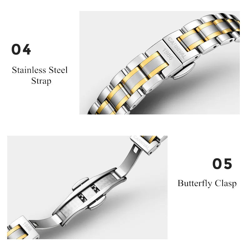 CARNIVAL Brand Luxury Mechanical Watch for Women Ladies Fashion Sapphire Automatic Movement Wristwatches Waterproof Watch for Women
