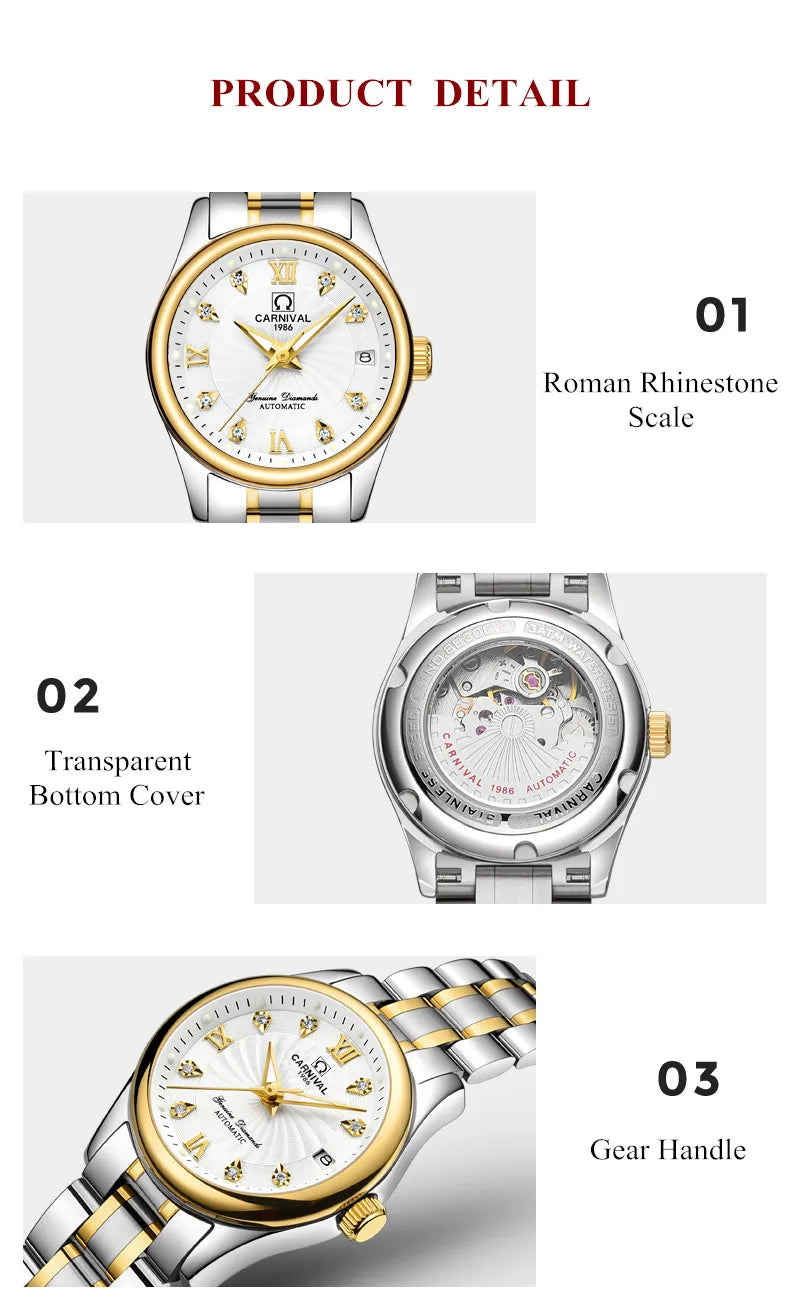 CARNIVAL Brand Luxury Mechanical Watch for Women Ladies Fashion Sapphire Automatic Movement Wristwatches Waterproof Watch for Women