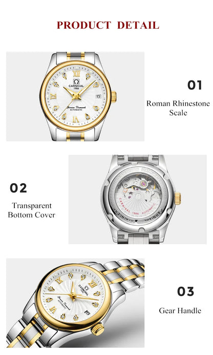CARNIVAL Brand Luxury Mechanical Watch for Women Ladies Fashion Sapphire Automatic Movement Wristwatches Waterproof Watch for Women