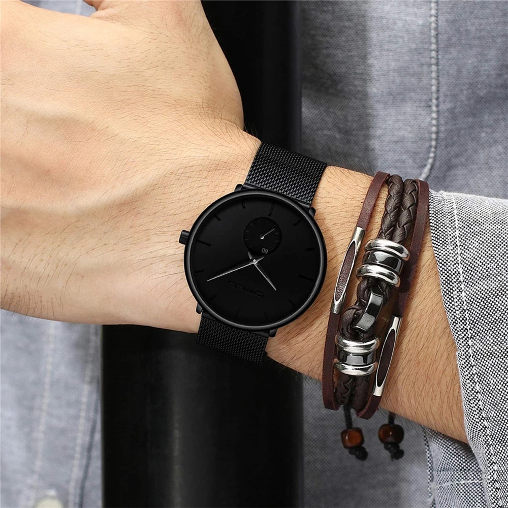 Montre pour homme CRRJU – Montre à quartz de luxe, style décontracté, fine, avec bracelet en maille d'acier, étanche et sportive.
