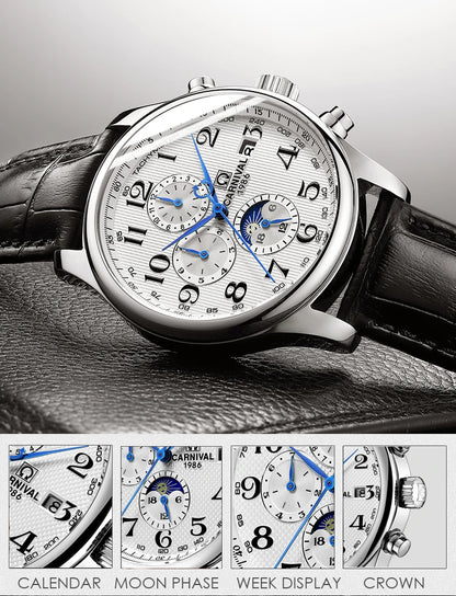 Carnival Brand Automatic Watch, Fashion Luxury Waterproof Calendar with Moon Phase, Mechanical Watches for Men