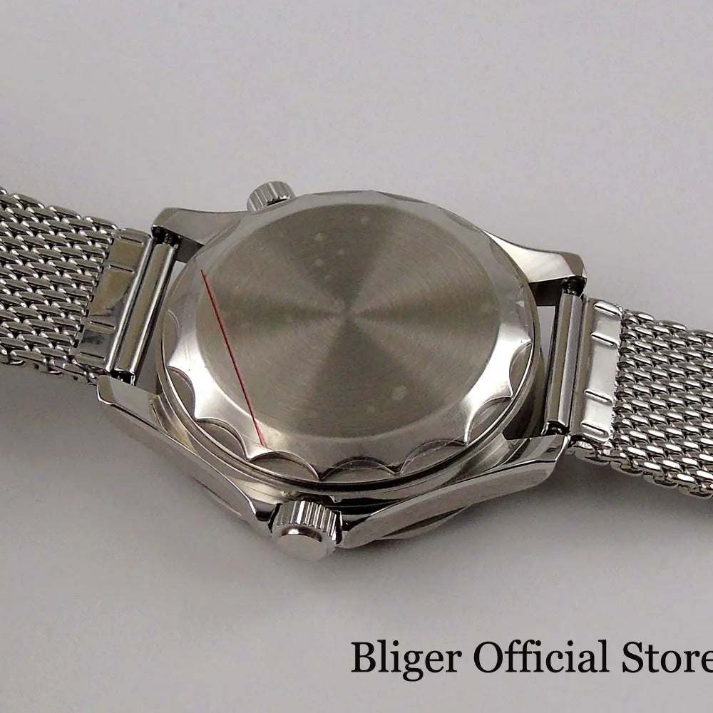 BLIGER 41mm Mechanical Men Watch Sapphire Glass Date 24 Jewel NH35PT5000 MIYOTA 8215 Stainless Steel Mesh Band Rotating Bezel