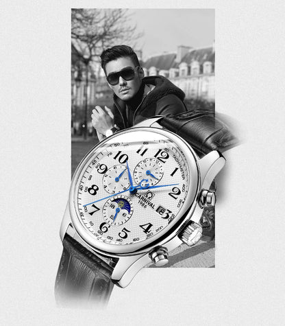 Carnival Brand Automatic Watch, Fashion Luxury Waterproof Calendar with Moon Phase, Mechanical Watches for Men