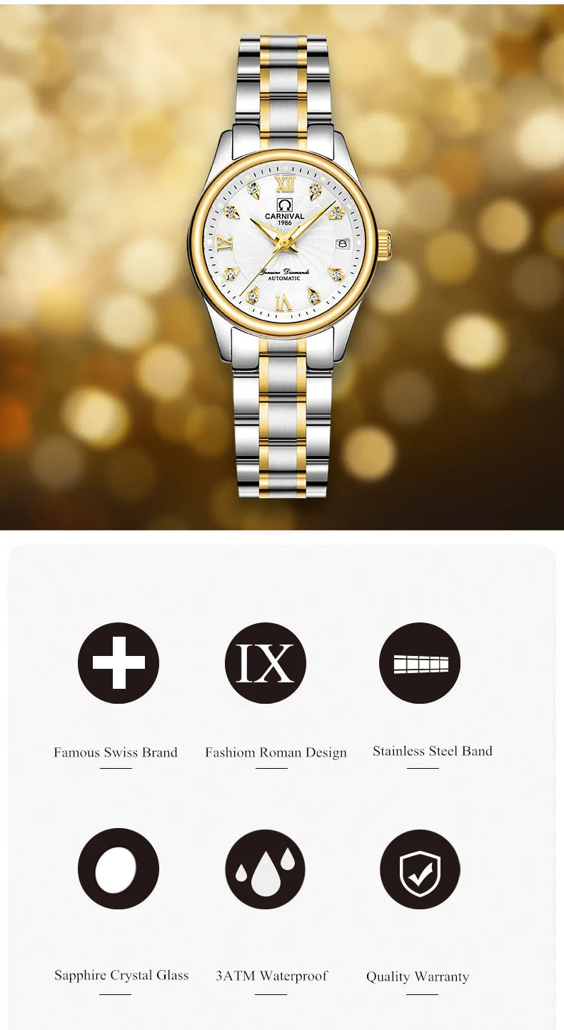 CARNIVAL Brand Luxury Mechanical Watch for Women Ladies Fashion Sapphire Automatic Movement Wristwatches Waterproof Watch for Women