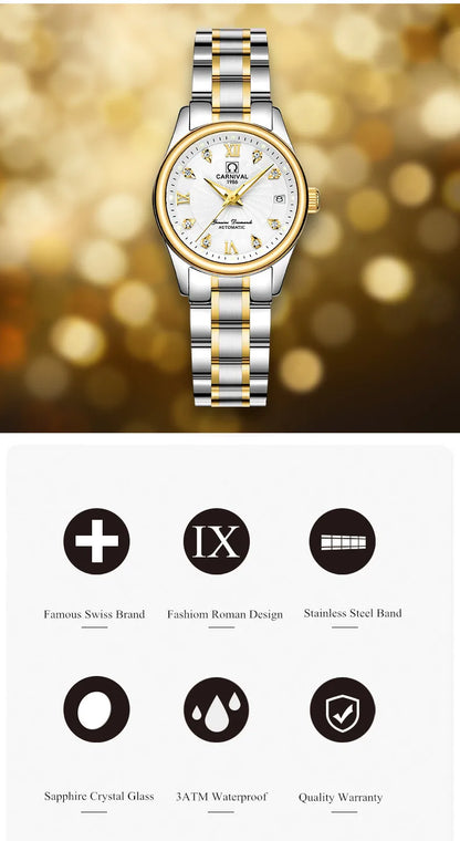 CARNIVAL Brand Luxury Mechanical Watch for Women Ladies Fashion Sapphire Automatic Movement Wristwatches Waterproof Watch for Women
