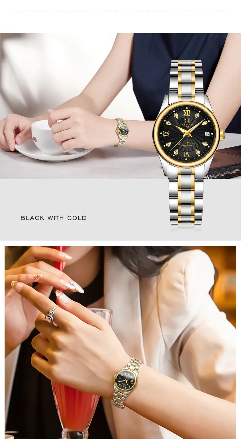 CARNIVAL Brand Luxury Mechanical Watch for Women Ladies Fashion Sapphire Automatic Movement Wristwatches Waterproof Watch for Women