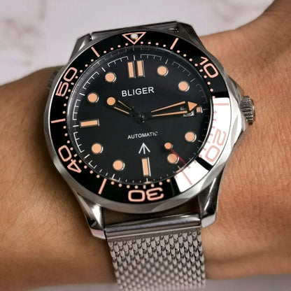 BLIGER 41mm Mechanical Men Watch Sapphire Glass Date 24 Jewel NH35PT5000 MIYOTA 8215 Stainless Steel Mesh Band Rotating Bezel