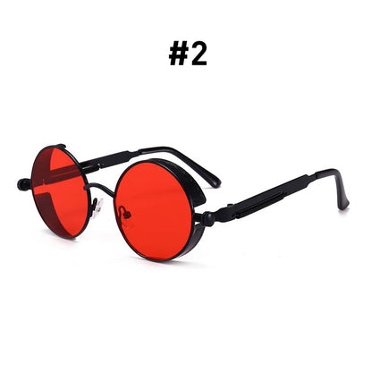 VIVIBEE Vintage Steampunk Red Sunglasses Men Round Punk Alloy Metal Retro Sun Glasses Women 2026 Goggles Gothic Style Shades