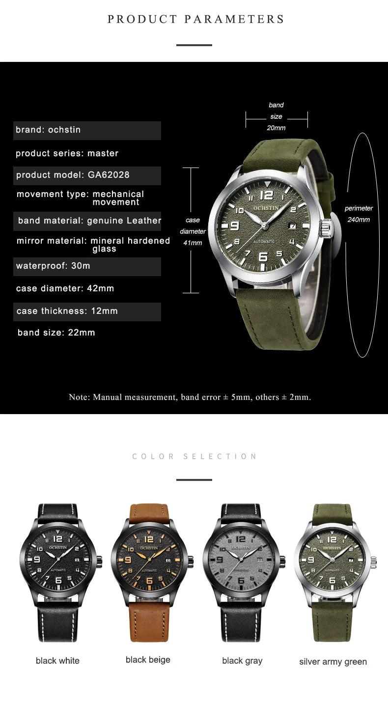 OCHSTIN Man Mechanical Pilot Wrist Watches Luxury Self Wind Leather Mechanic Male Clock Auto Date Relogio Masculino Gift for Men