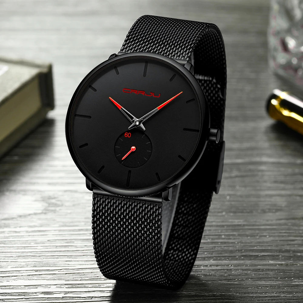 Montre pour homme CRRJU – Montre à quartz de luxe, style décontracté, fine, avec bracelet en maille d'acier, étanche et sportive.