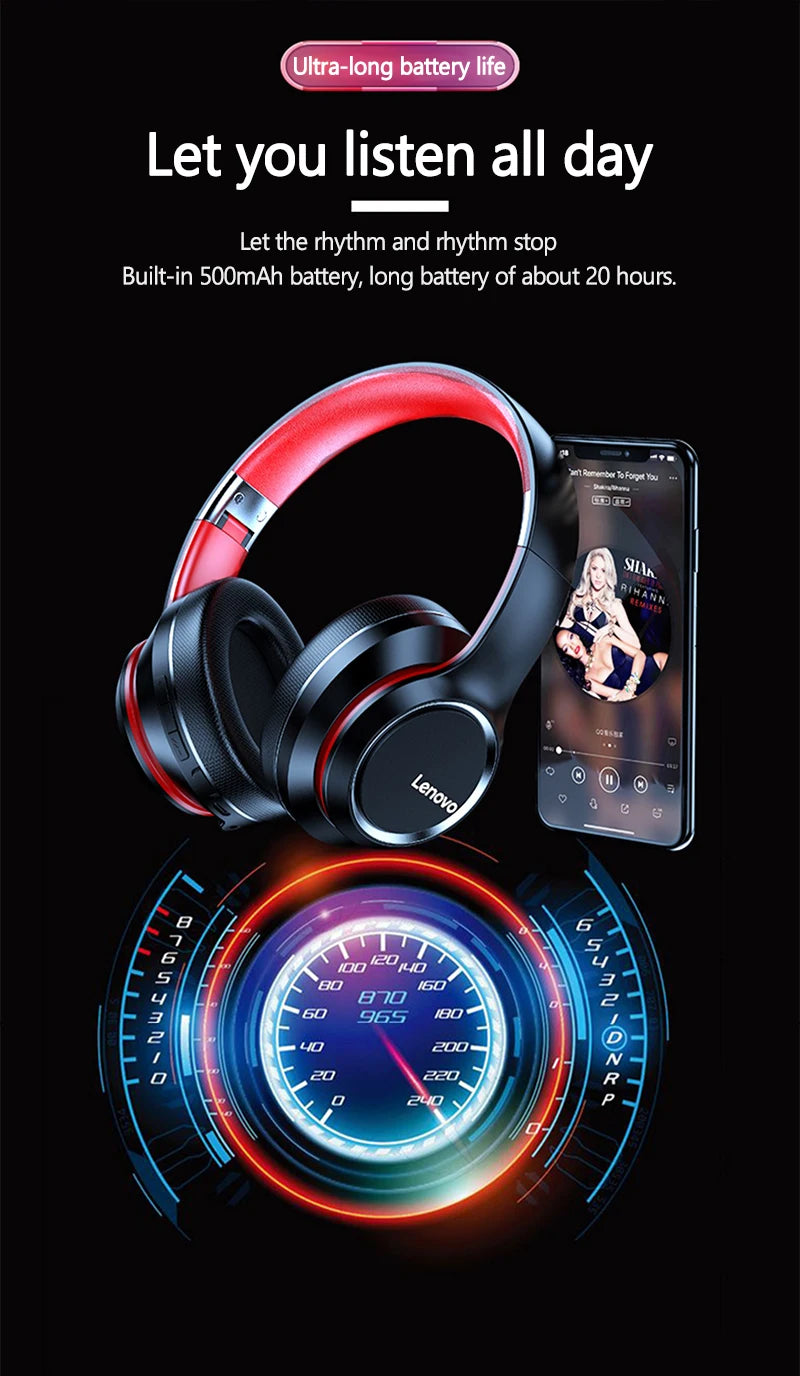 Lenovo HD200 Bluetooth Wireless Headphones – Noise Cancelling Over-Ear Gaming Headset with HiFi Stereo Sound & Microphone