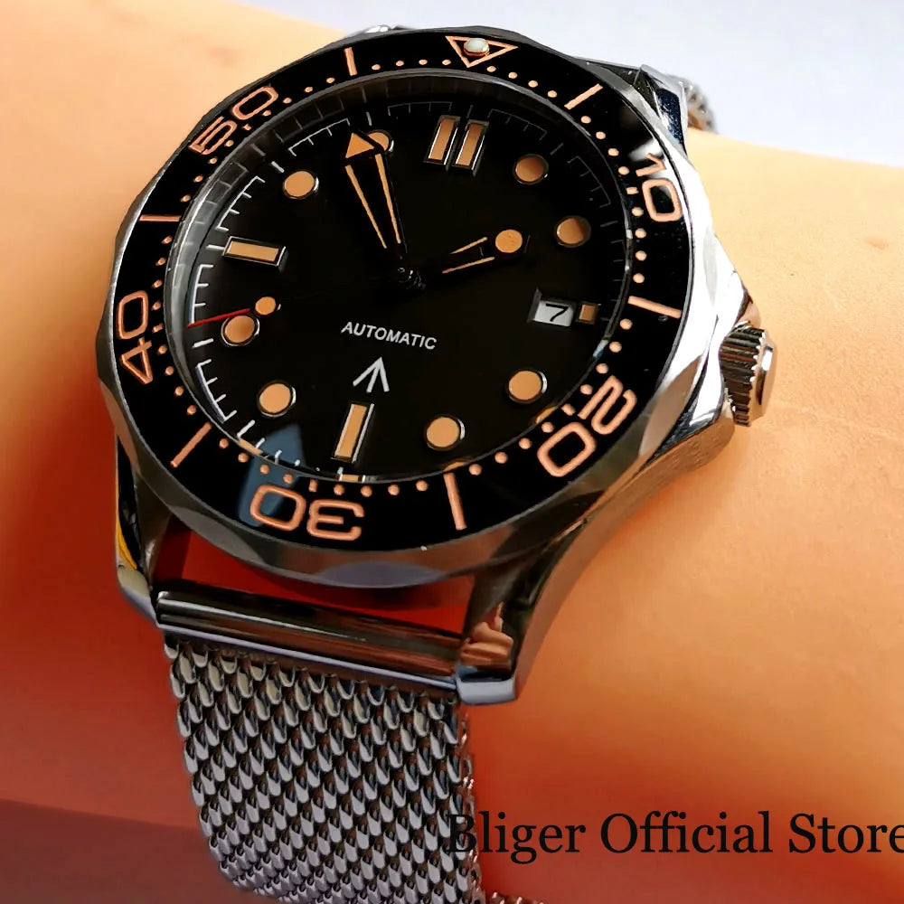 BLIGER 41mm Mechanical Men Watch Sapphire Glass Date 24 Jewel NH35PT5000 MIYOTA 8215 Stainless Steel Mesh Band Rotating Bezel