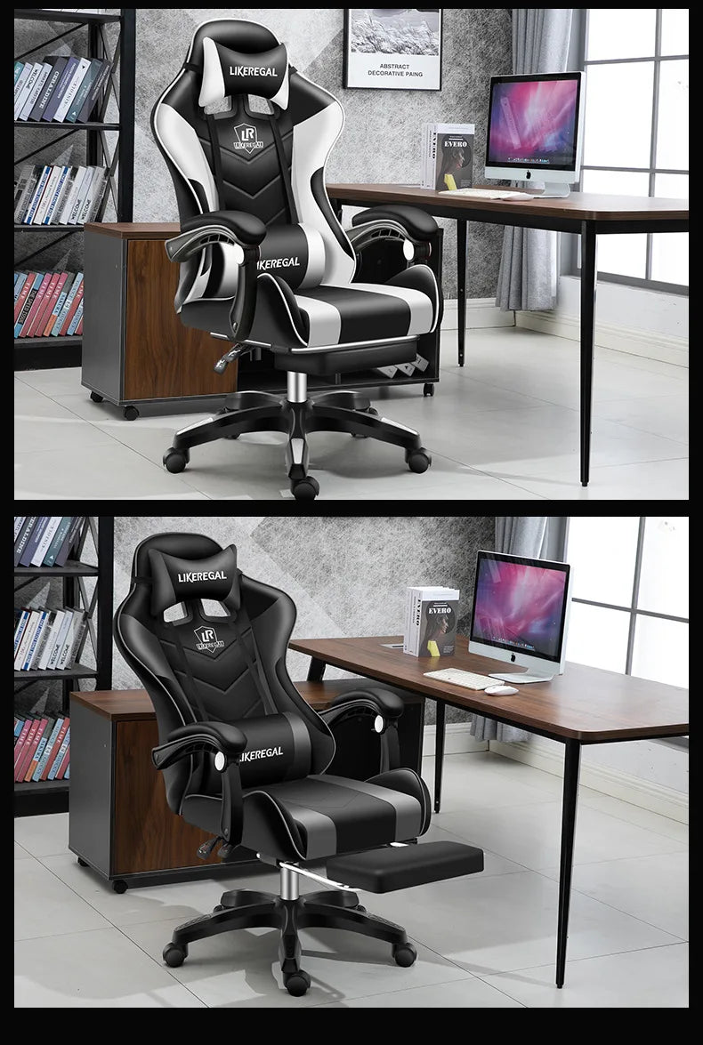 Ergonomic Gaming Chair with Footrest, Reclining Office Computer Chair, Adjustable Height Leather Gaming Chair with Lumbar Support