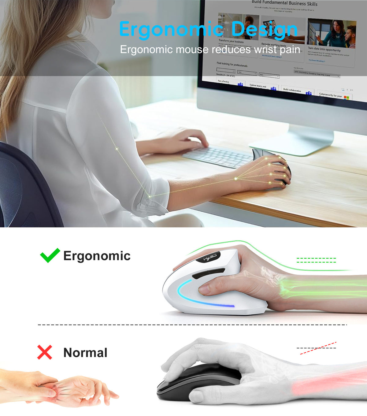 Dual Mode Vertical Mouse Wireless Bluetooth Ergonomic Mouse, Rechargeable Silent 2.4G Gaming Mouse with 2400 DPI for PC & Laptop