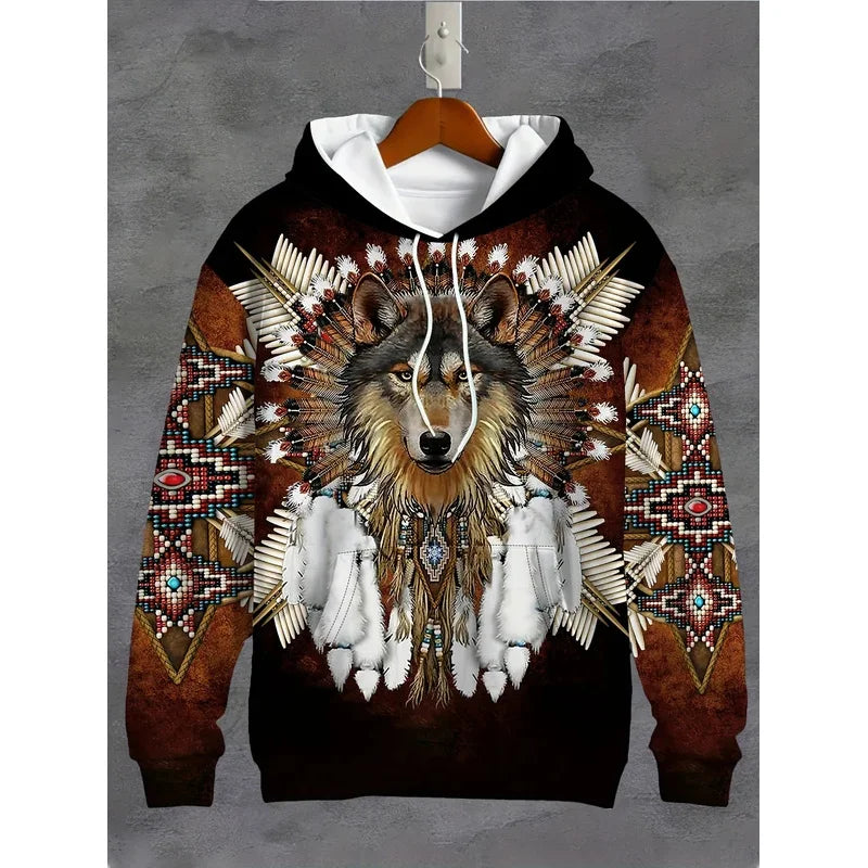 Men's 3D White Wolf Print Hoodie, Casual Long Sleeve Pullover with Drawstring Pocket, 100% Polyester Slight Stretch Men's Clothing