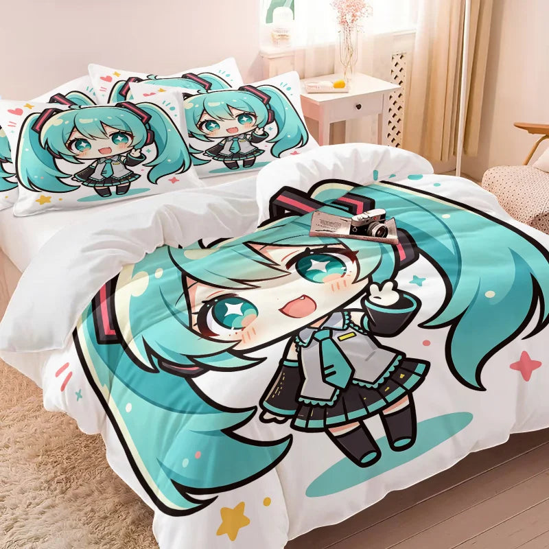Set navlake za poplun Hatsune Miku u chibi stilu, slatka anime posteljina s jastučnicama, dekor za gaming sobu, spavaću sobu tinejdžera i djece, poklon za fanove