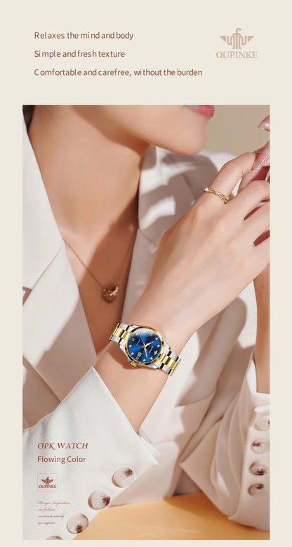 OUPINKE 3199 Real Diamond Automatic Watch for Women Sapphire Crystal Mirror 50M Waterproof Luxury Elegant Ladies Watch Set