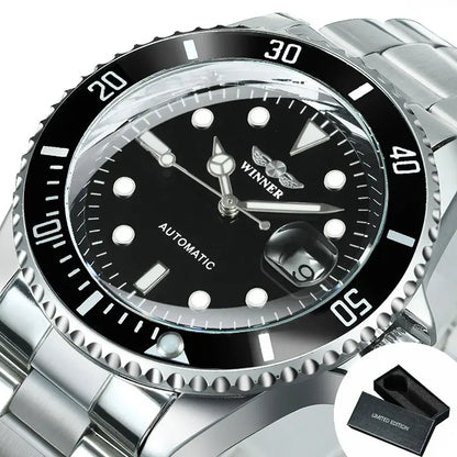 Relógio mecânico clássico para homem – Marca de luxo, estilo profissional, movimento automático, luneta rotativa, mostrador luminescente, bracelete em aço