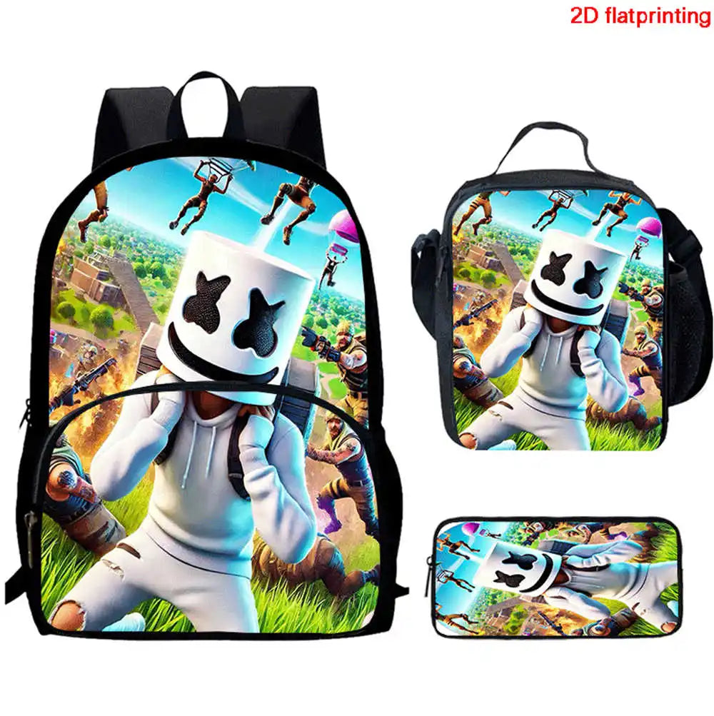 Fortnite Cartoon 3Pcs School Bag Set Unisex for Boys Girls, Backpack with Front Pocket, Lunch Bag and Pencil Case Best Gift