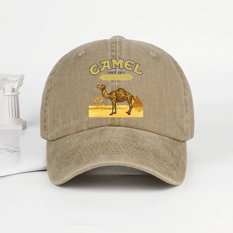 Vintage “Camel” Desert Scene Print Washed Baseball Cap - Adjustable Unisex Vintage Cap for Outdoor Hiking and Mountaineering