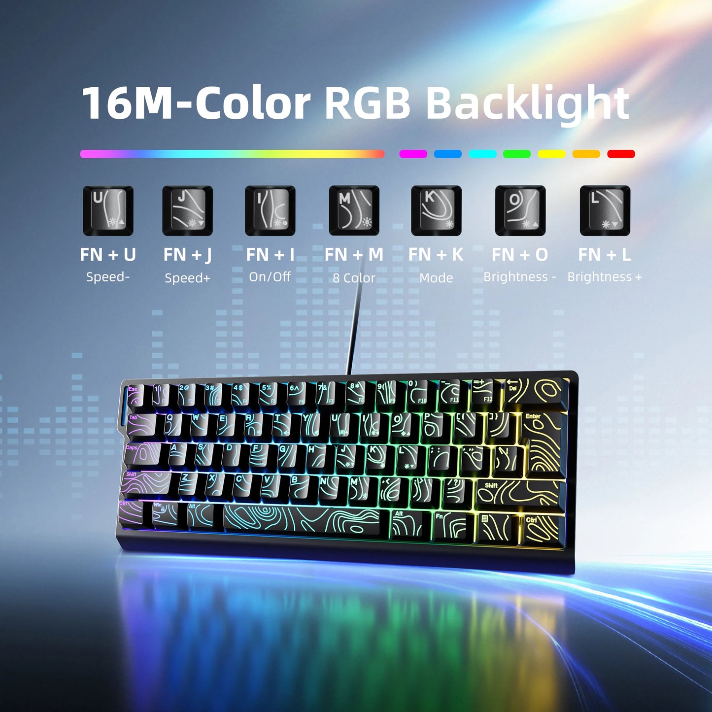 60% compact wired keyboard with RGB backlighting and gradient keycaps are suitable for Windows tablets, laptops and gamers.