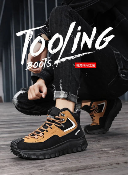 Black and Tan Mid-Top Hiking Boots Suede and Leather Platform Sneakers Non-Slip Outdoor Casual Shoes with Rugged Sole for All