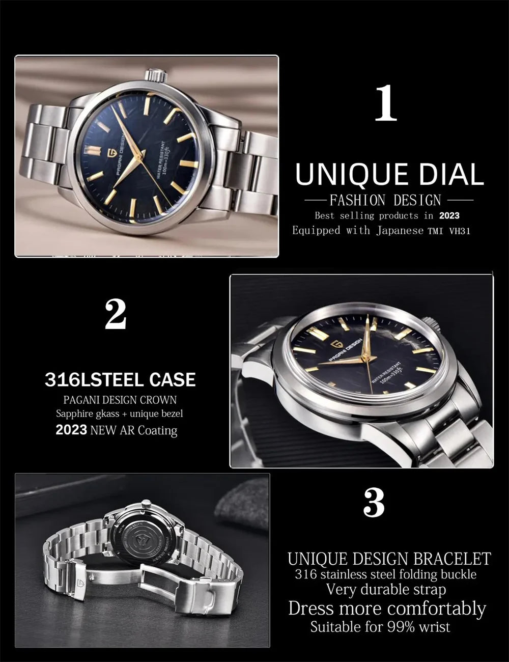 PAGANI DESIGN 40MM Men Quartz Watches Japan TMI VH31 Luxury Business Sapphire 316L Stainless Steel 100M Waterproof Watch For Men