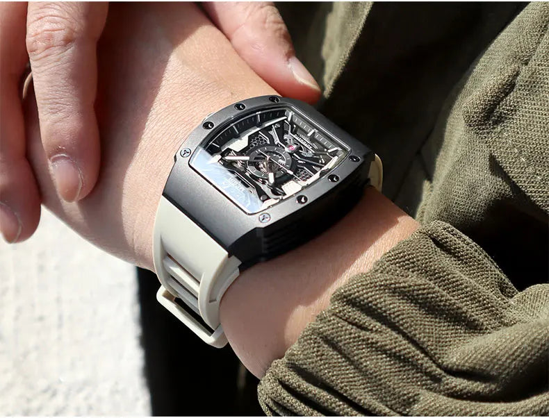 MEGIR Men's Automatic Mechanical Watch with Stainless Steel Case Silicone Strap Fashion Waterproof Luminous Wristwatch 8604