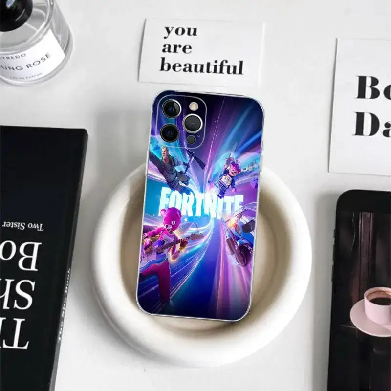 Cartoon B-Battle-R-Royale-F-FortniteS for iPhone 17 16 15 14 13 12 11 Pro Max Plus Transparent Soft TPU Phone Cover