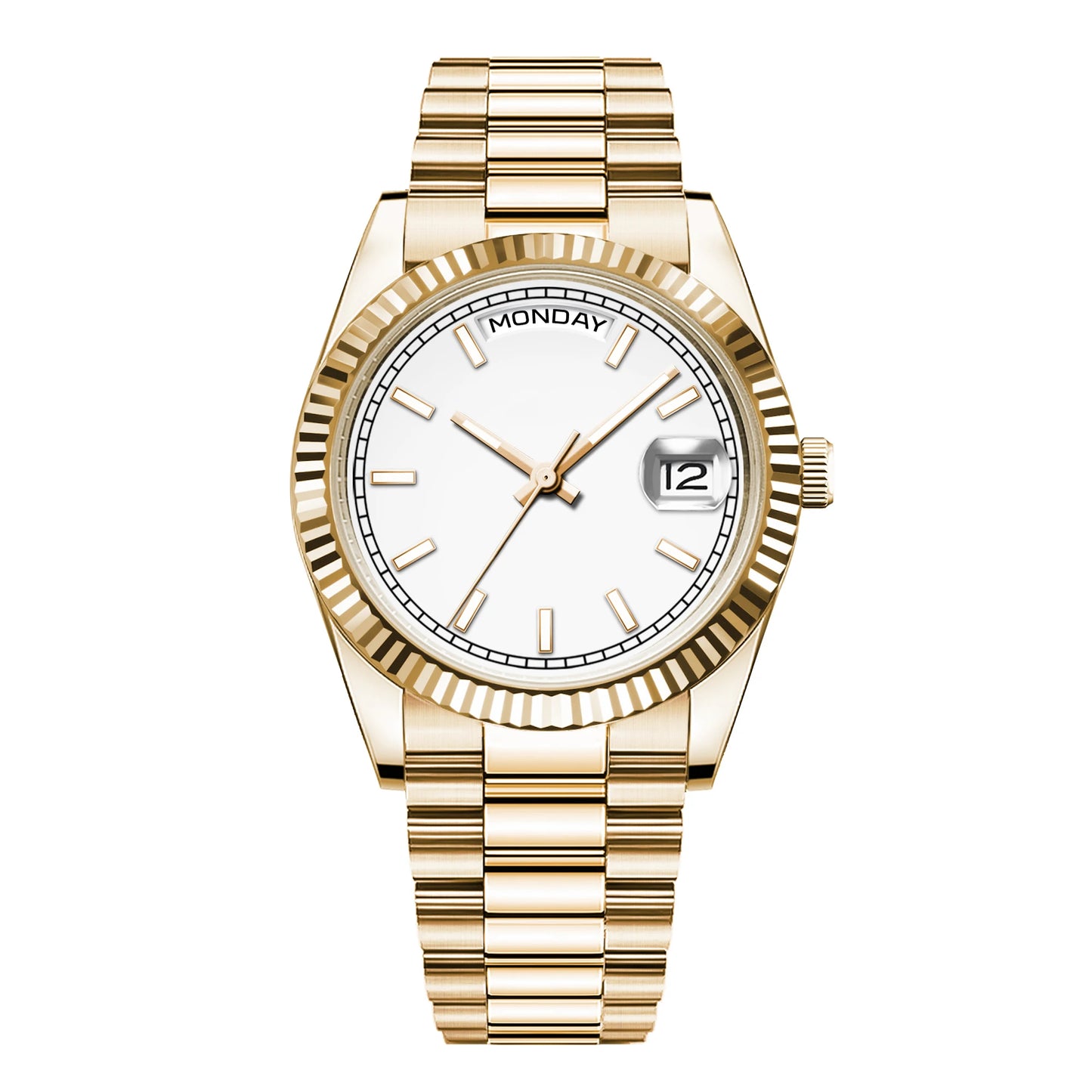 CORGEUT NH36 mechanische Herrenuhr mit Wochentags- und Datumsanzeige, President-Gliederarmband, Stahlgehäuse, geriffelter Arc-Lünette, wasserdicht