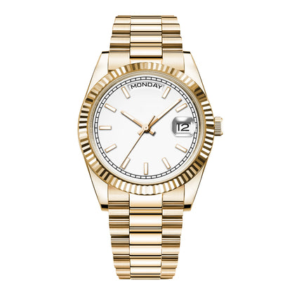 CORGEUT NH36 mechanische Herrenuhr mit Wochentags- und Datumsanzeige, President-Gliederarmband, Stahlgehäuse, geriffelter Arc-Lünette, wasserdicht